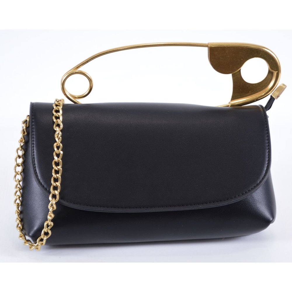 Smooth Black Vegan PU Leather Safety Pin Crossbody Purse Bag